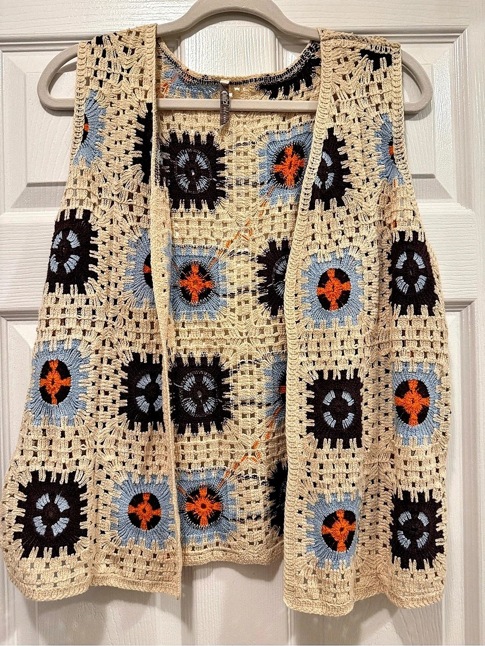 Crochet Vest in Beige, Dark Brown, and Orange